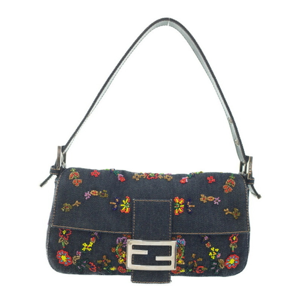 FENDI Beaded Embroidered Denim Mamma Bucket Semi Shoulder Bag